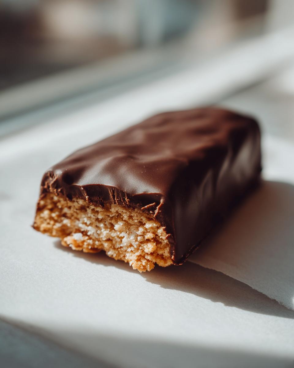 Close-up of a North Pole Chocolate-Dipped Shortbread Bar, showing the shortbread base and chocolate coating.