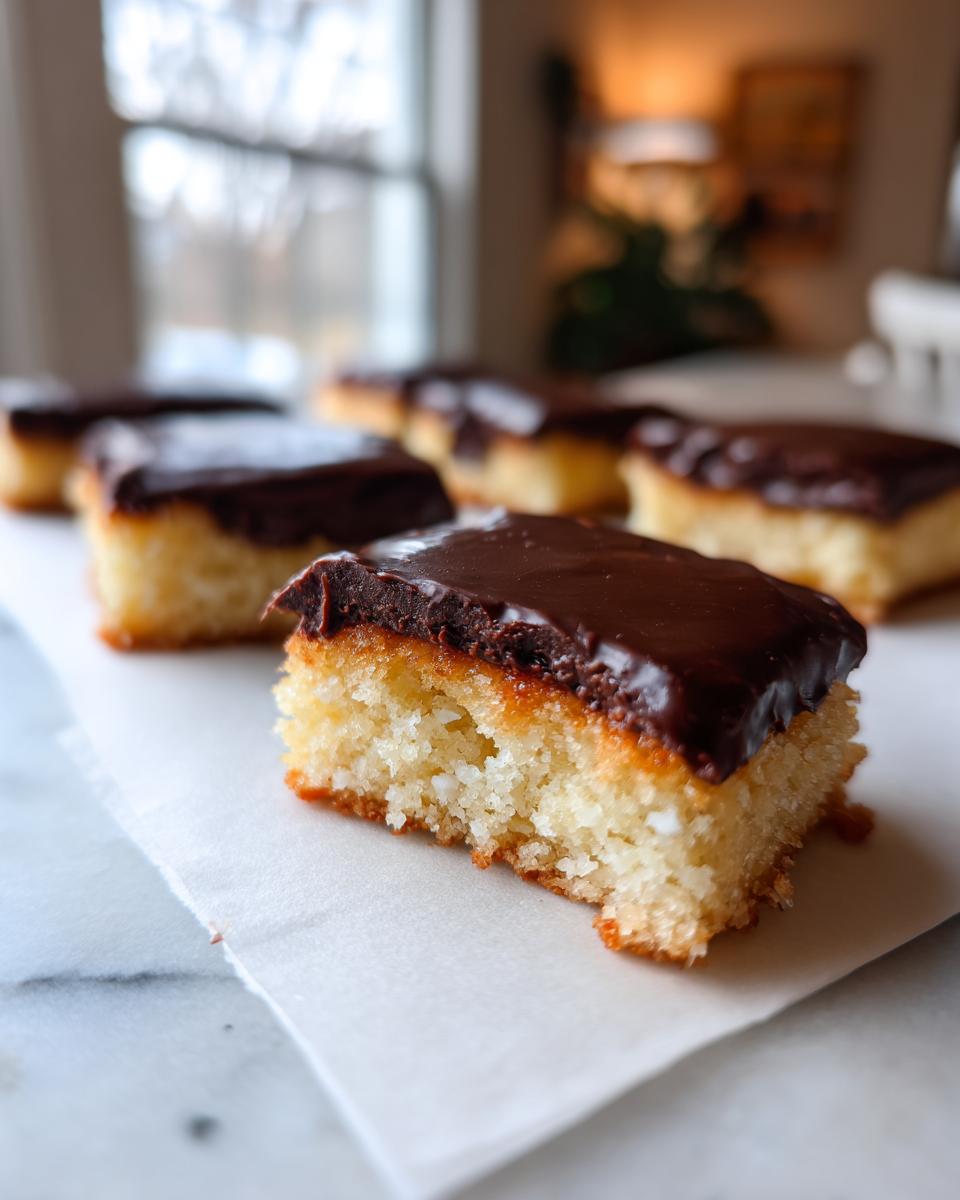 Close-up of a North Pole Chocolate-Dipped Shortbread Bar, showing the shortbread and chocolate topping.