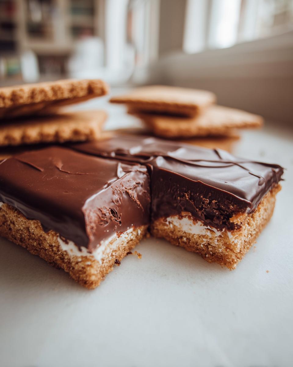 Close-up of North Pole Chocolate-Dipped Shortbread Bars, showing layers of shortbread, marshmallow, and chocolate.