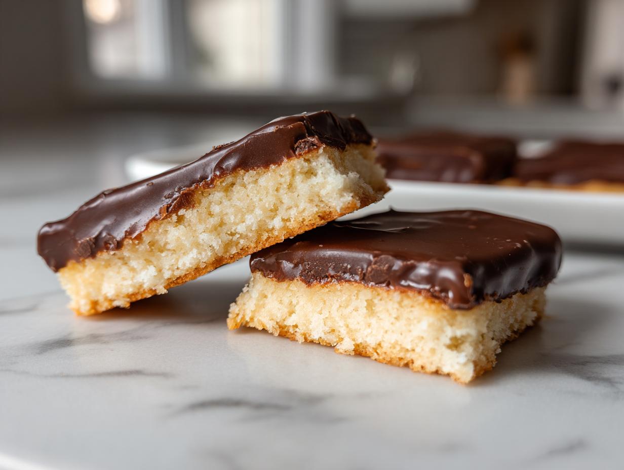 Close-up of two North Pole Chocolate-Dipped Shortbread Bars, with a rich chocolate topping.