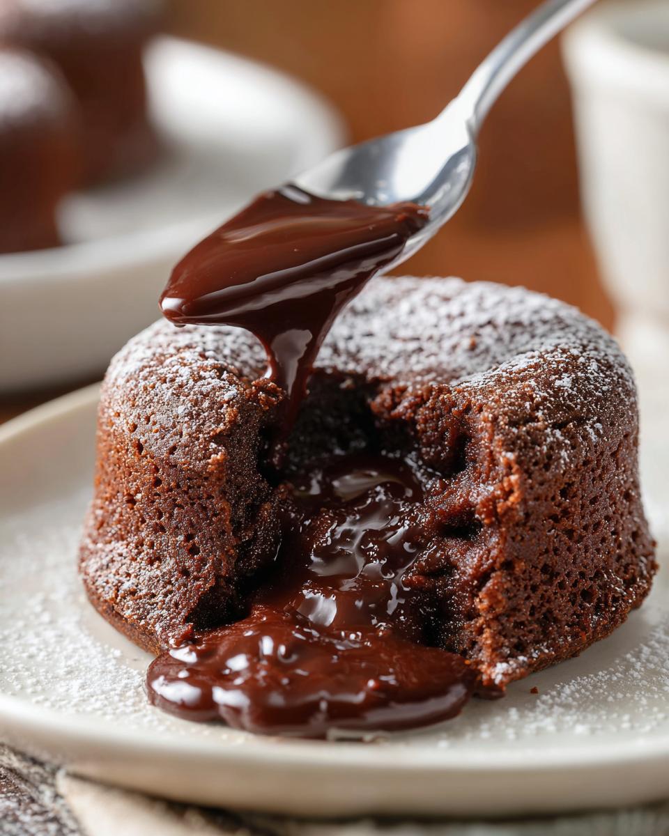 Close-up of a 4-Ingredient Nutella Lava Cake with molten chocolate sauce pouring out, dusted with powdered sugar.