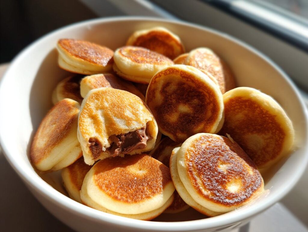 Close-up of a bowl filled with Nutella-Stuffed Pancake Cereal. One pancake is cut open, showing the Nutella filling.