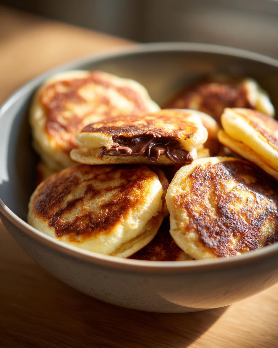 Close-up of a bowl filled with Nutella-Stuffed Pancake Cereal, showing the Nutella filling.
