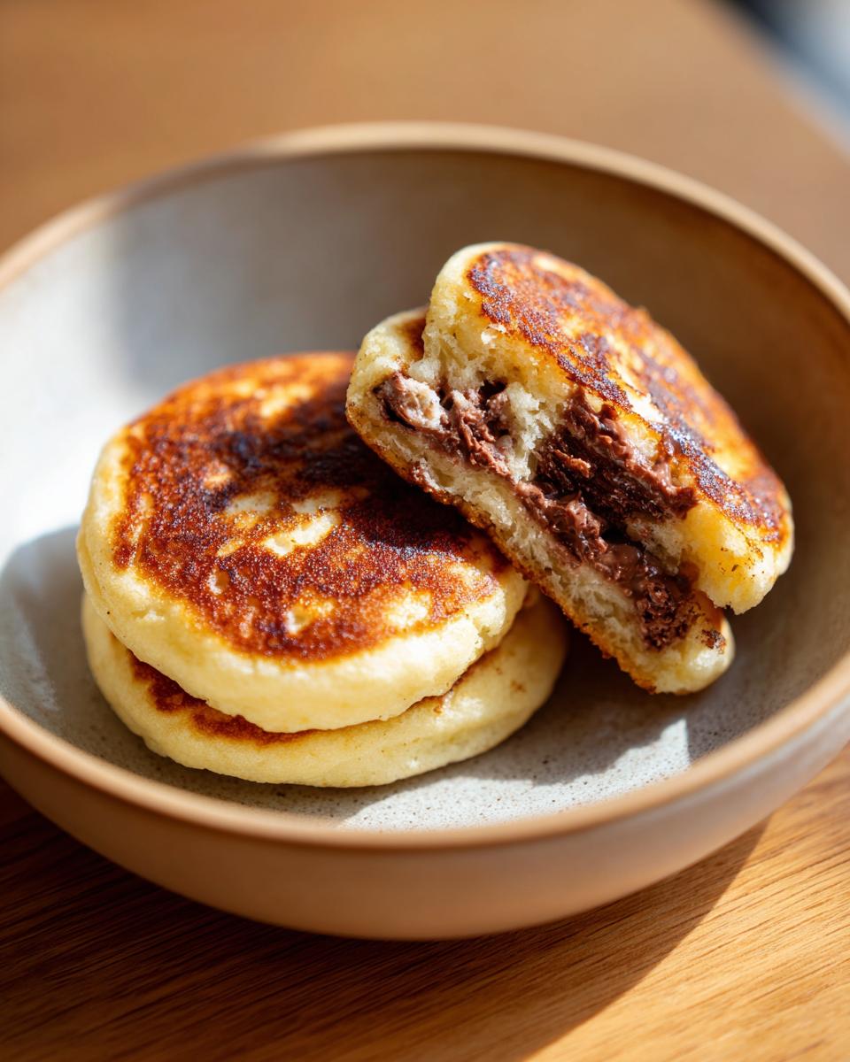 Close-up of Nutella-Stuffed Pancake Cereal Bowl, showing the Nutella filling.