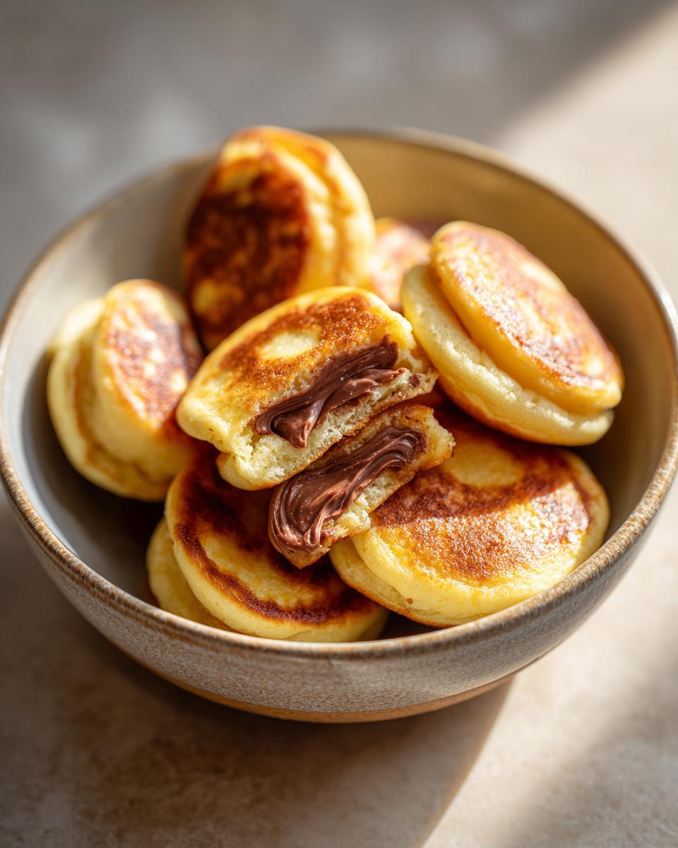 Close-up of a bowl filled with Nutella-Stuffed Pancake Cereal, with one cut open to show the filling.