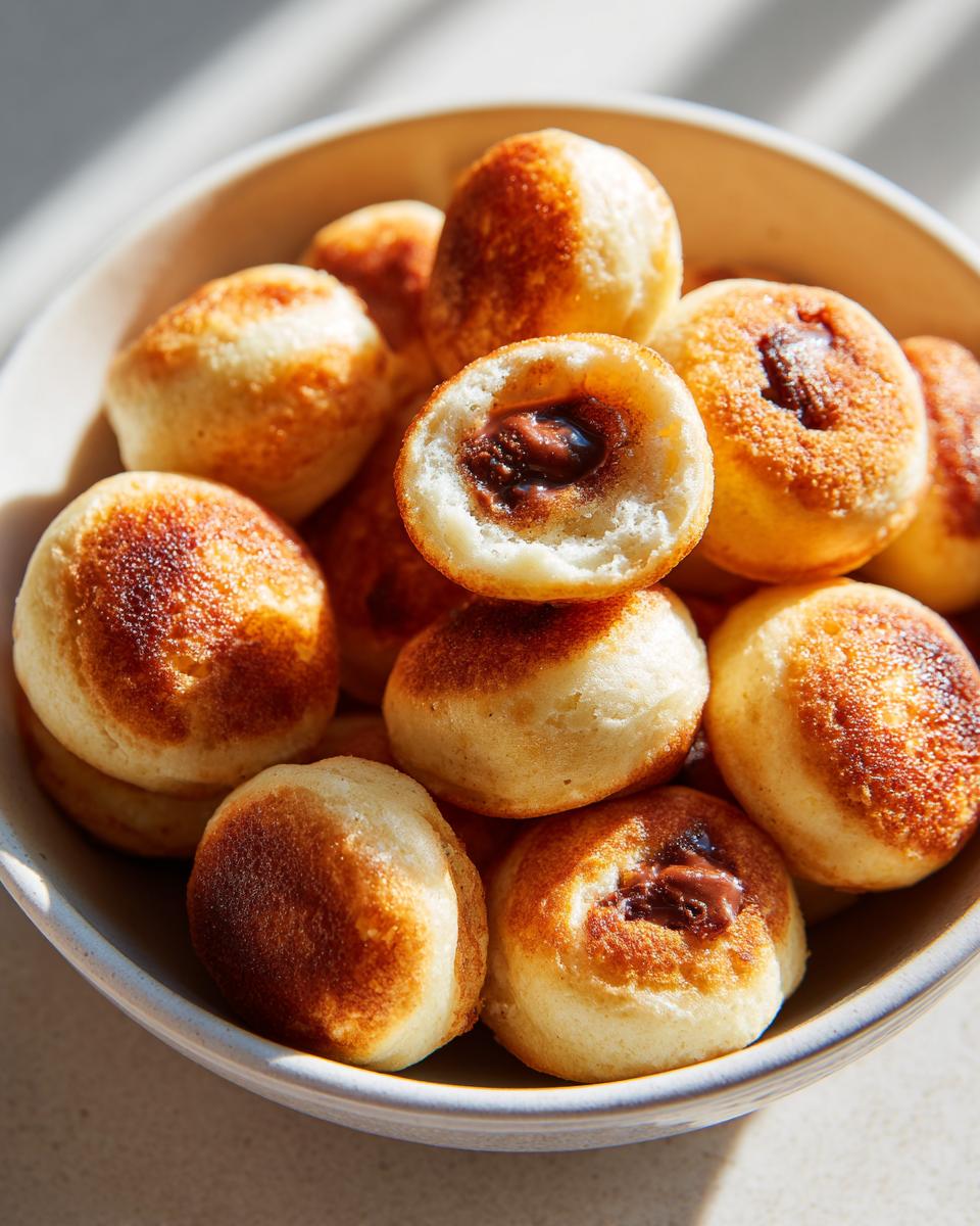 Close-up of a bowl filled with Nutella-Stuffed Pancake Cereal Bowl, showing the Nutella filling.