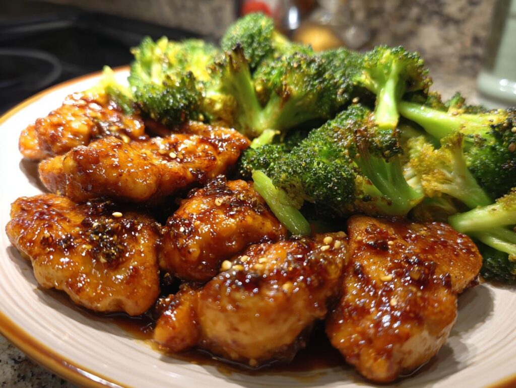 Close-up of One-Pan Honey Soy Chicken and Broccoli, a delicious and easy meal.