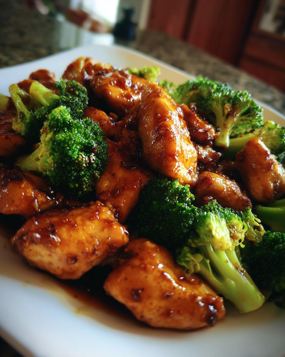 Close-up of One-Pan Honey Soy Chicken and Broccoli on a white plate.