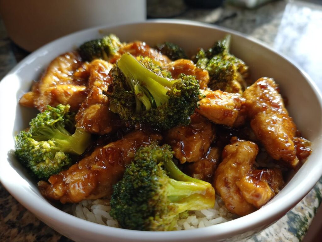 Close-up of a bowl of One-Pan Honey Soy Chicken and Broccoli served over rice.