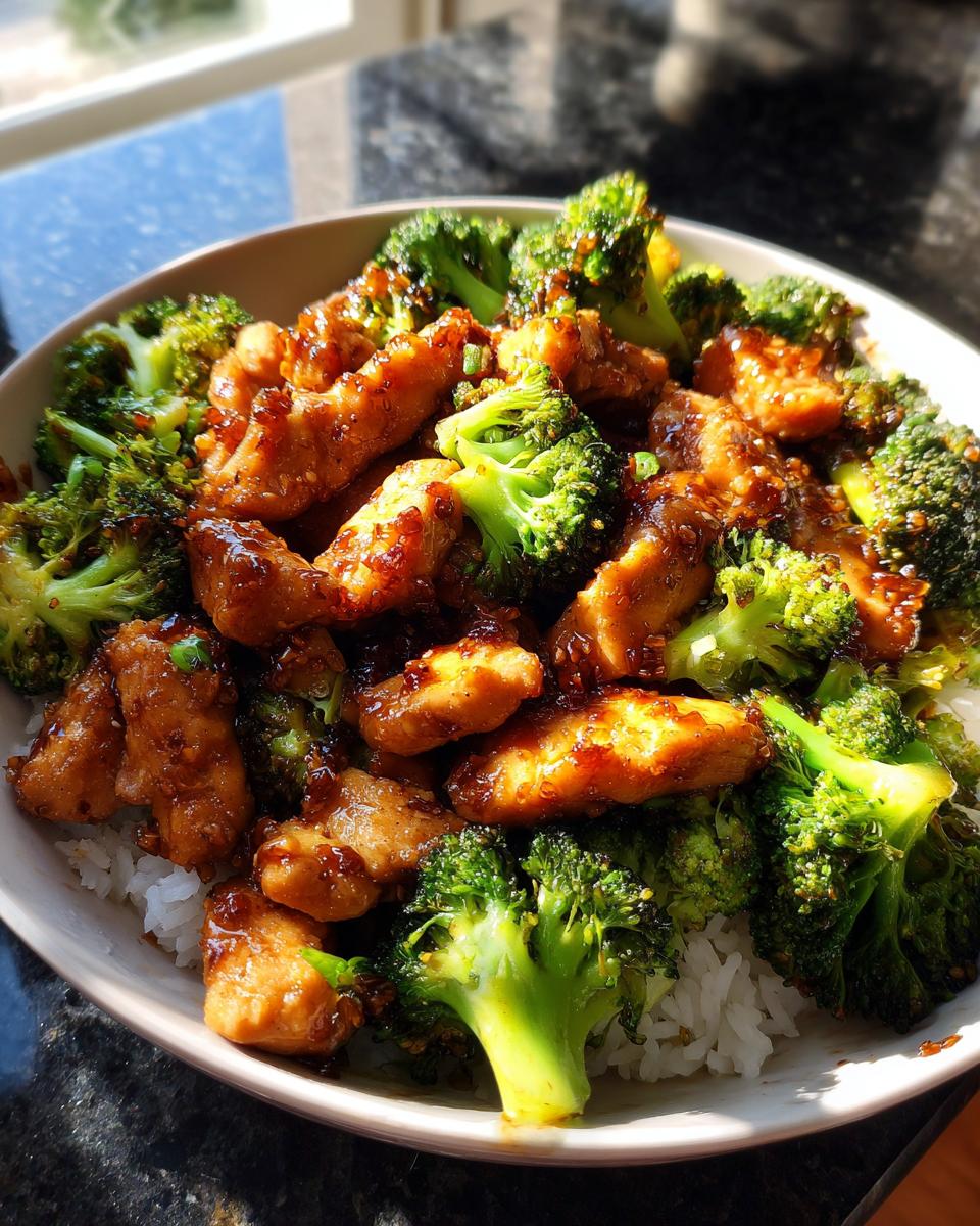 A bowl of One-Pan Honey Soy Chicken and Broccoli served over rice, with a close-up view of the ingredients.