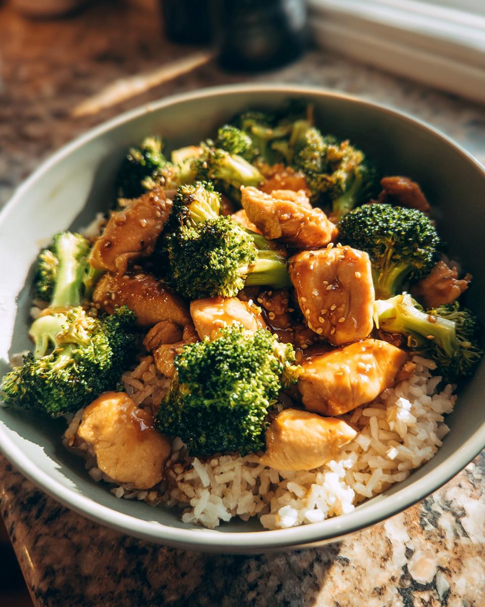 Close-up of a bowl of One-Pan Honey Soy Chicken and Broccoli served over rice, garnished with sesame seeds.