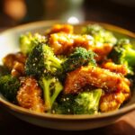 Close-up of One-Pan Honey Soy Chicken and Broccoli in a bowl, garnished with sesame seeds.