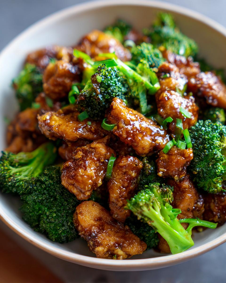 Close-up of One-Pan Honey Soy Chicken and Broccoli in a bowl, showing chicken and broccoli.