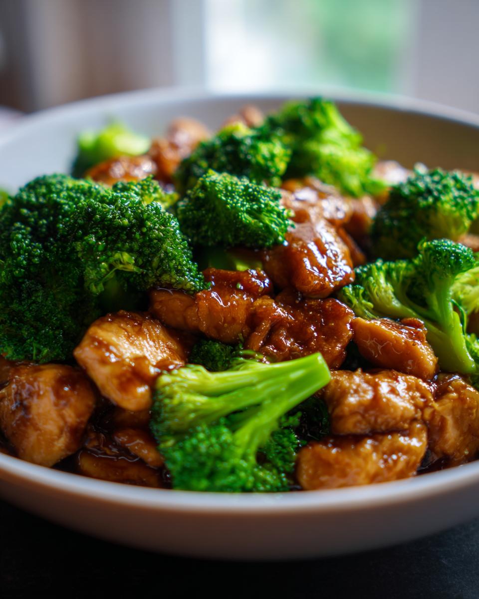 Close-up of One-Pan Honey Soy Chicken and Broccoli in a bowl, showing chicken and broccoli.