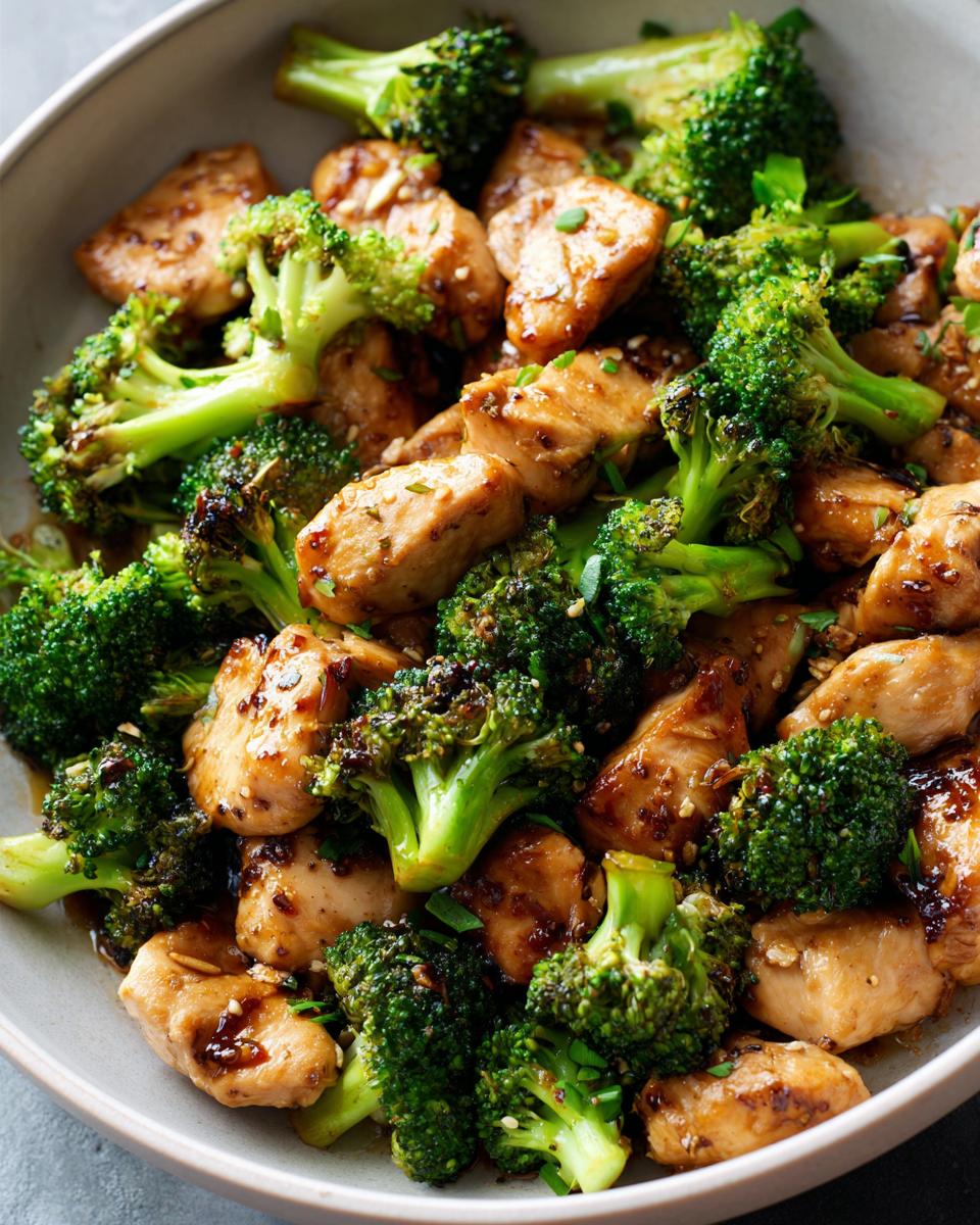 Close-up of One-Pan Honey Soy Chicken and Broccoli in a bowl, showing chicken and broccoli.
