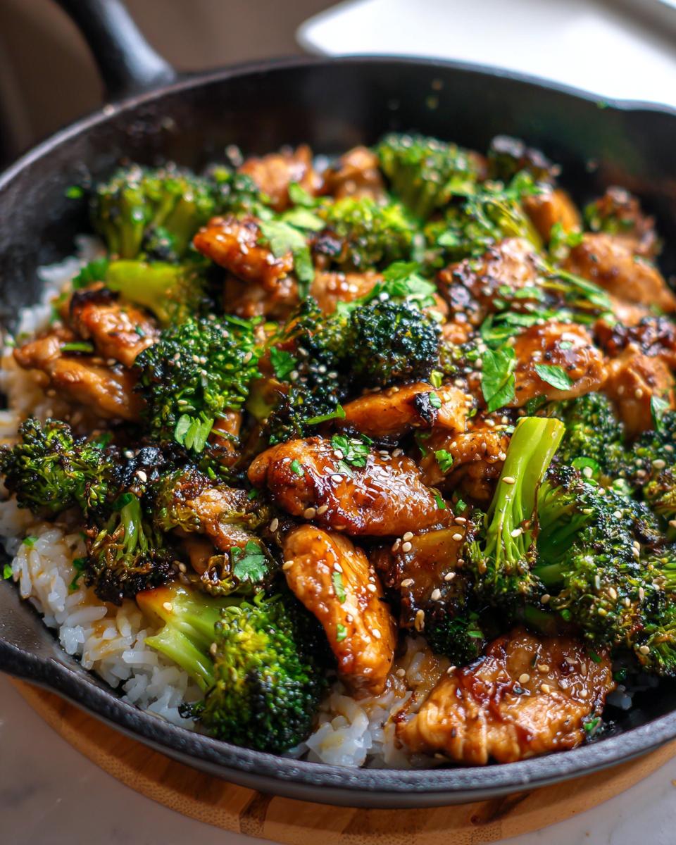 Close-up of One-Pan Honey Soy Chicken and Broccoli served in a skillet, with rice.