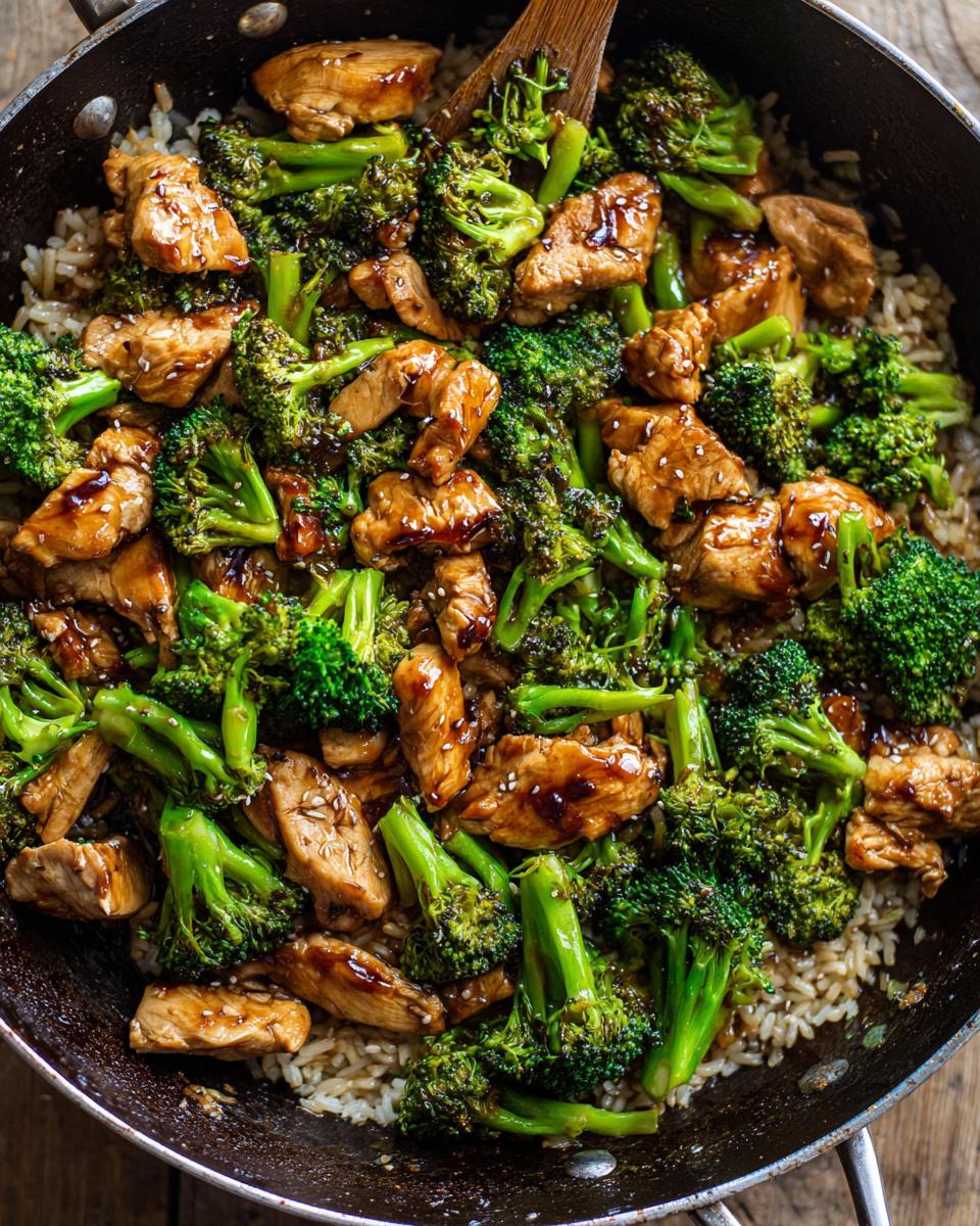 Overhead shot of One-Pan Honey Soy Chicken and Broccoli in a pan, with rice.