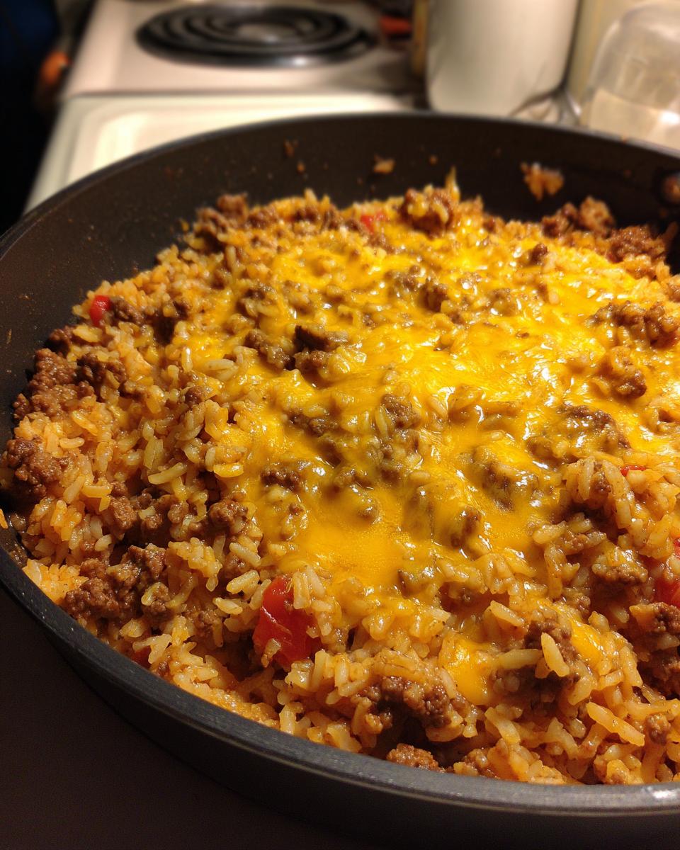 Close-up of a One-Pot Cheesy Beef and Rice Skillet in a skillet, topped with melted cheese.