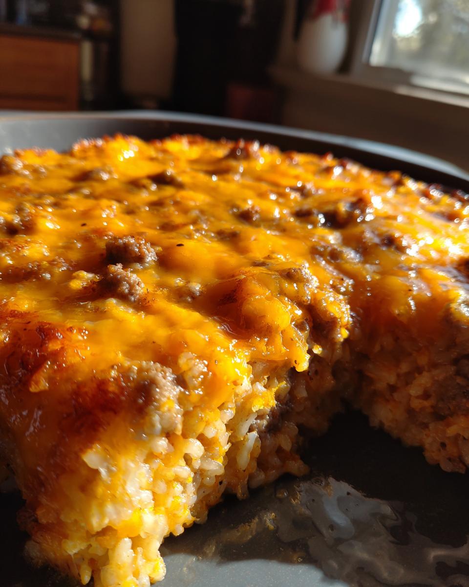 Close-up of a One-Pot Cheesy Beef and Rice Skillet with melted cheese and beef.