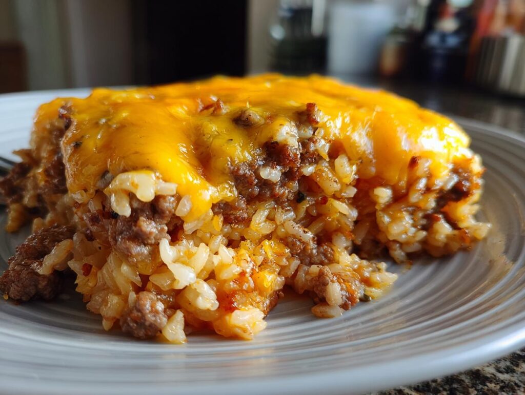 A slice of One-Pot Cheesy Beef and Rice Skillet on a plate, topped with melted cheese.