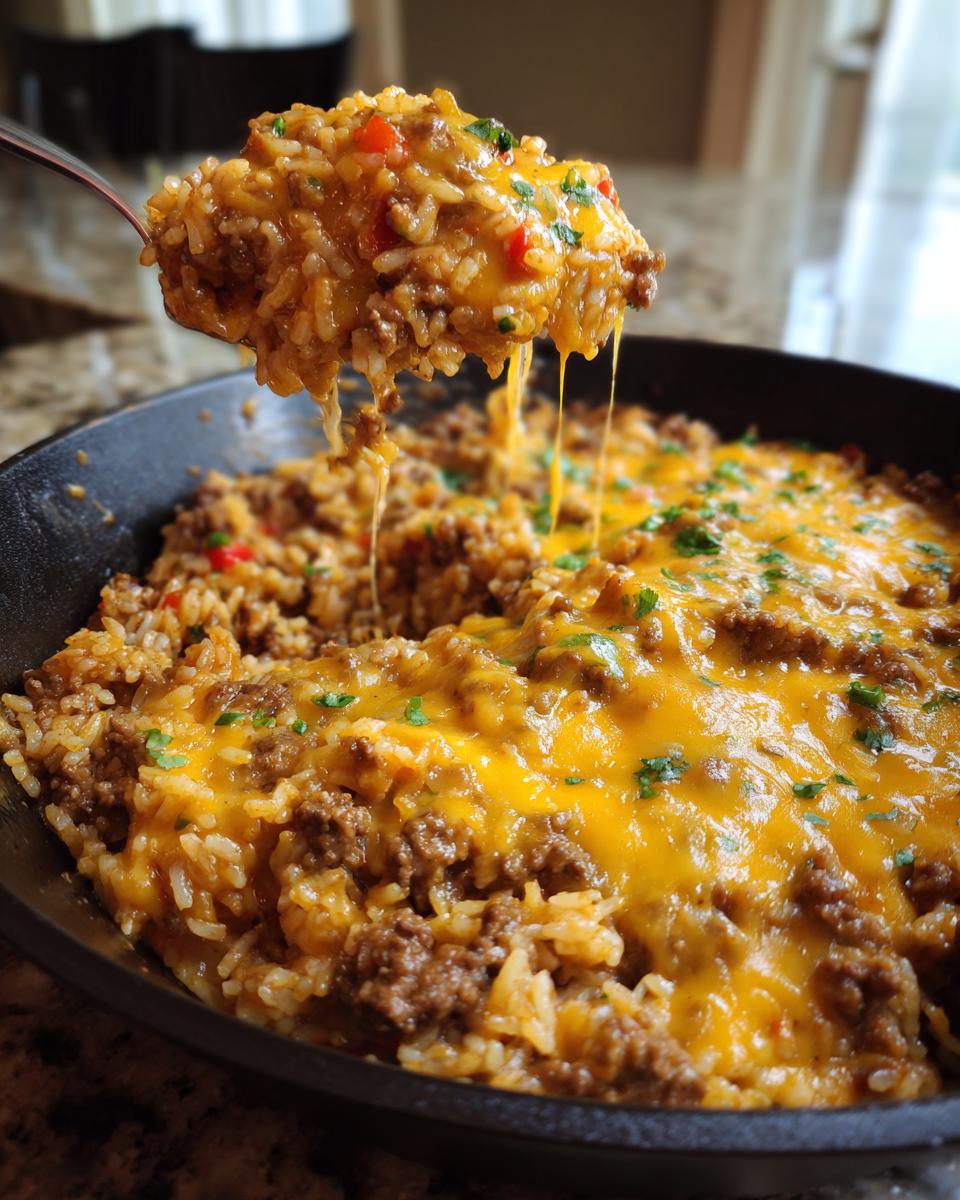 Close-up of a spoonful of One-Pot Cheesy Beef and Rice Skillet with melted cheese, rice, and beef.
