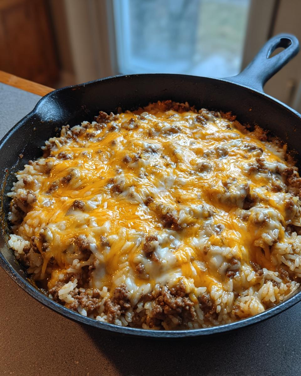 Close-up of a One-Pot Cheesy Beef and Rice Skillet in a cast iron pan, topped with melted cheese.