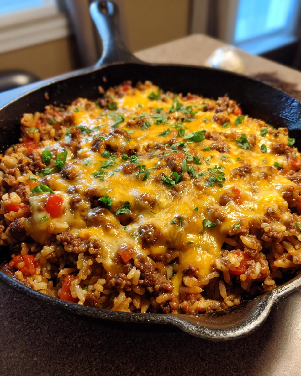 Close-up of a One-Pot Cheesy Beef and Rice Skillet in a cast iron skillet, topped with melted cheese.