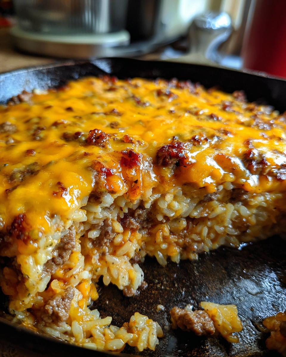 Close-up of a One-Pot Cheesy Beef and Rice Skillet in a cast iron skillet, showing layers of rice, beef, and melted cheese.