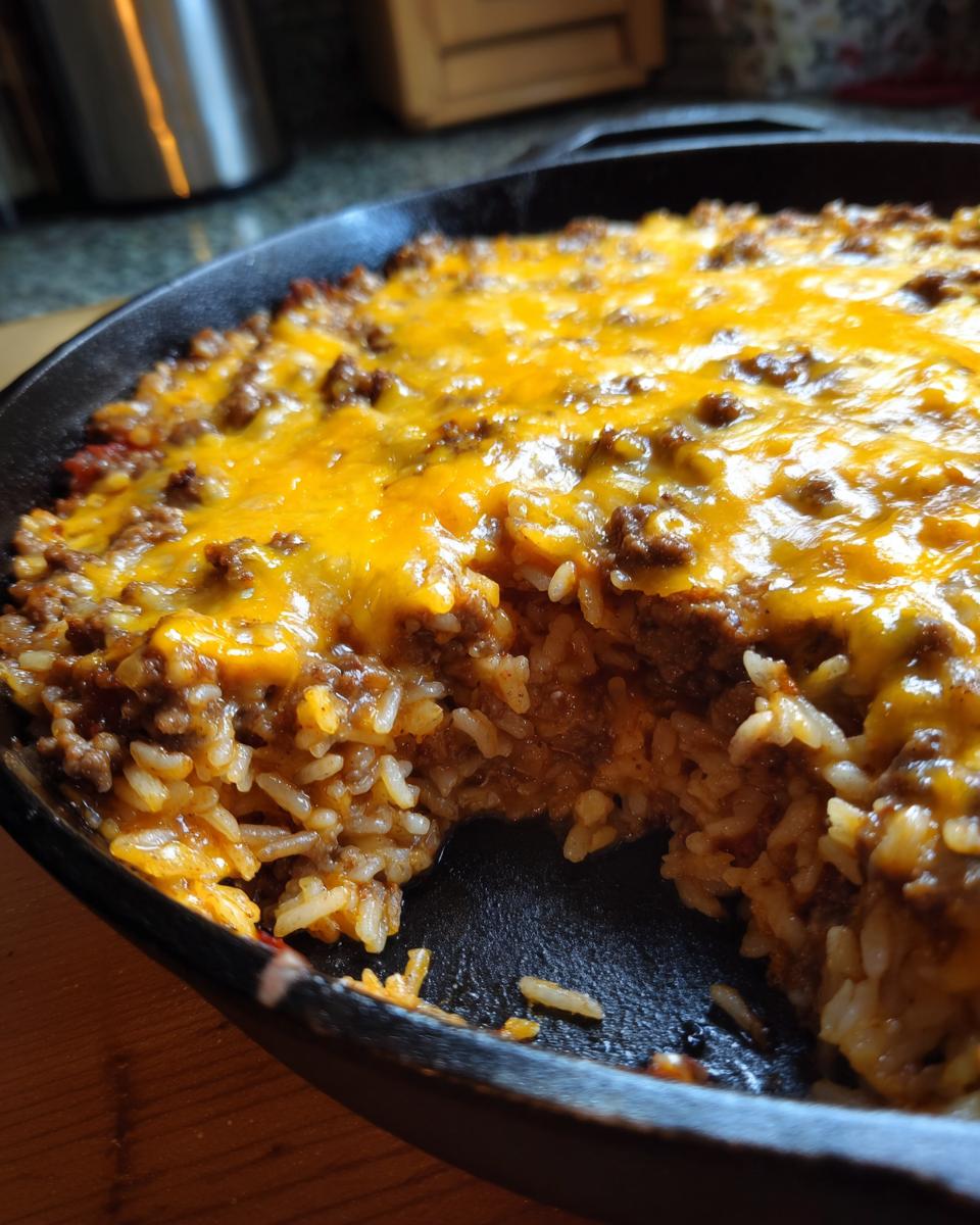 Close-up of a One-Pot Cheesy Beef and Rice Skillet with melted cheese and a portion removed from the pan.