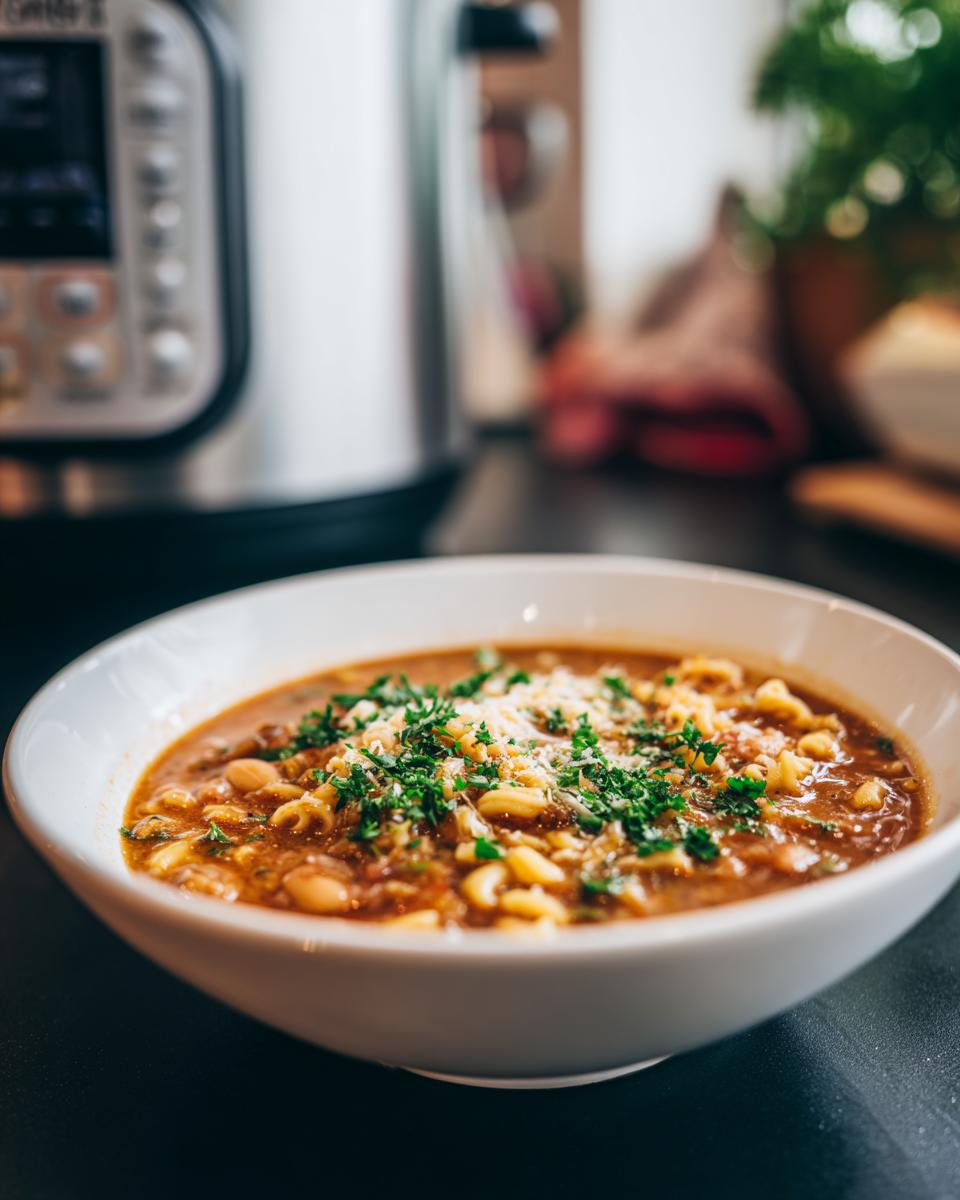 Close-up of a bowl of One-Pot Pasta e Fagioli Soup, garnished with parsley and cheese.