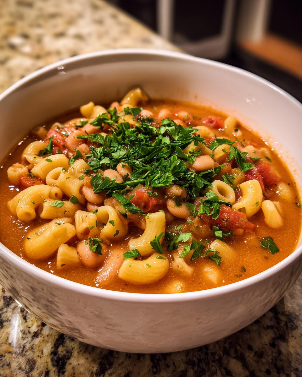 Close-up of a bowl of One-Pot Pasta e Fagioli Soup with pasta, beans, and herbs.