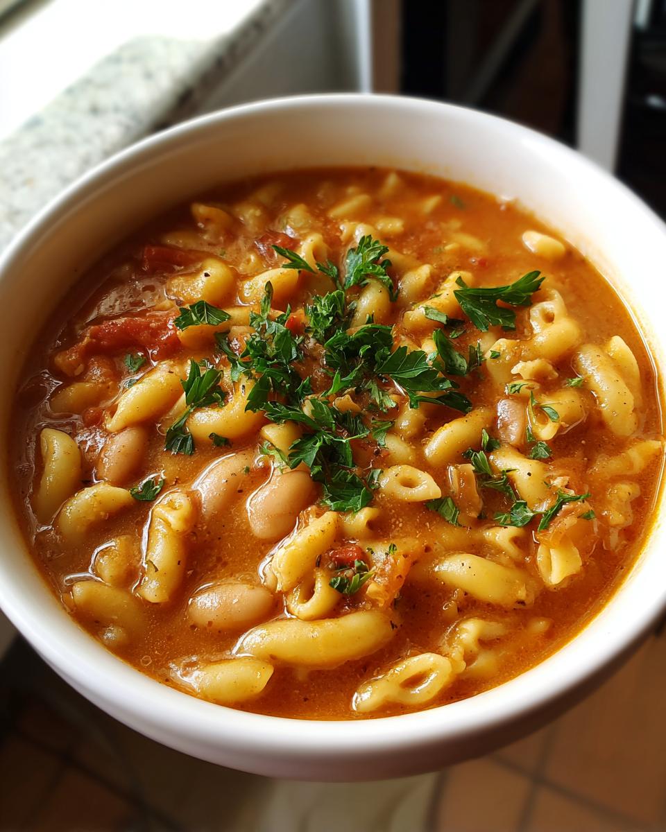Close-up of a bowl of delicious One-Pot Pasta e Fagioli Soup, garnished with fresh parsley.