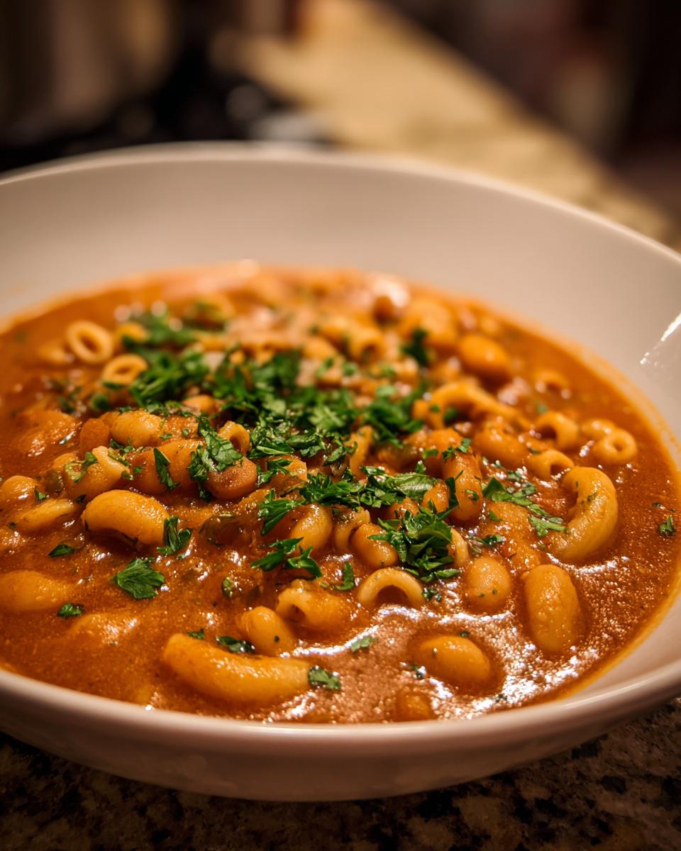 Close-up of a bowl of delicious One-Pot Pasta e Fagioli Soup, garnished with fresh herbs.