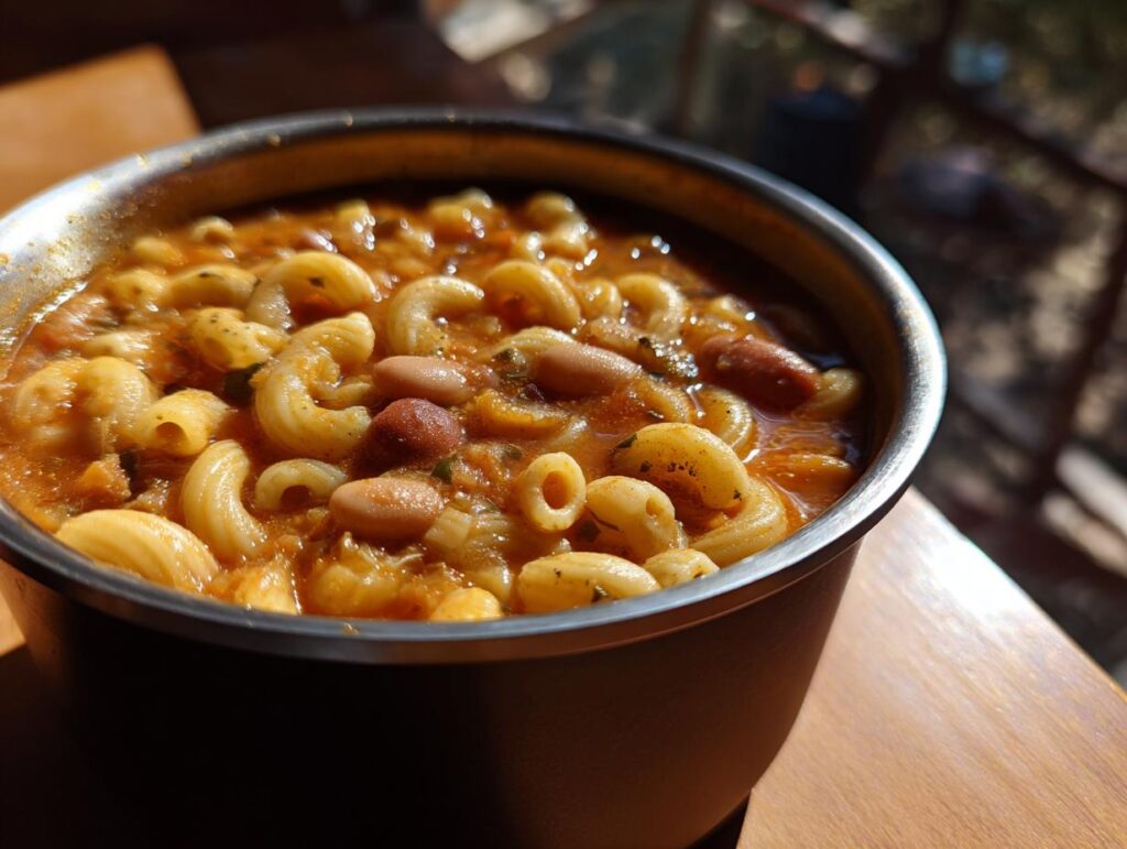Close-up of a bowl of creamy One-Pot Pasta e Fagioli Soup with pasta, beans, and vegetables.