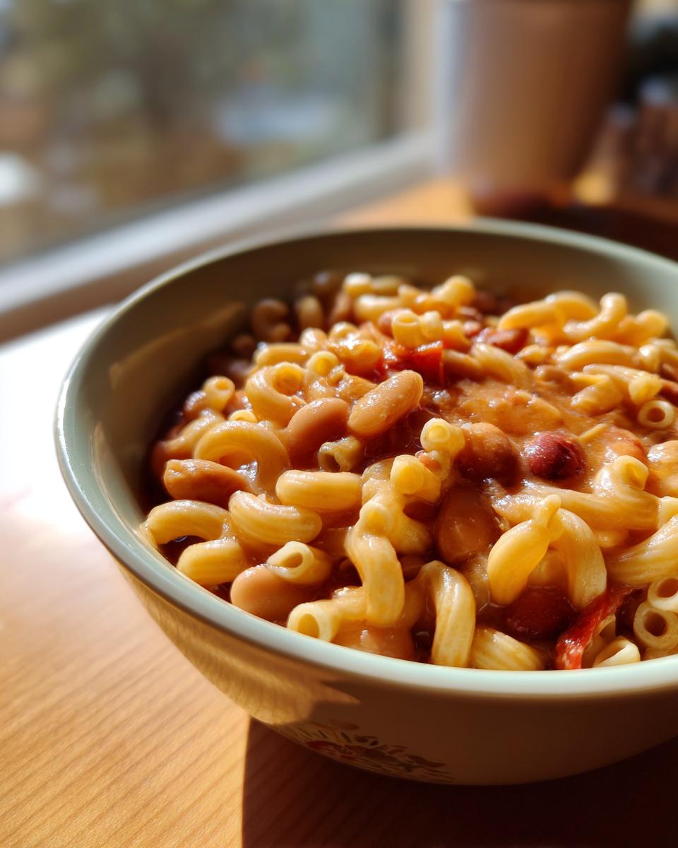 Close-up of a bowl filled with delicious One-Pot Pasta e Fagioli Soup, showing pasta, beans, and tomato sauce.