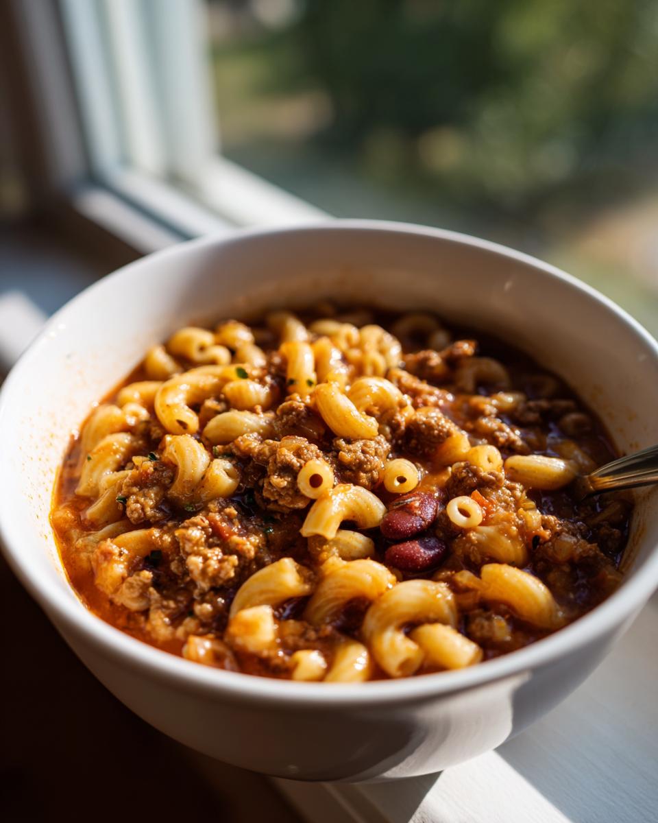 Close-up of a bowl of delicious One-Pot Pasta e Fagioli Soup with pasta, beans, and meat.