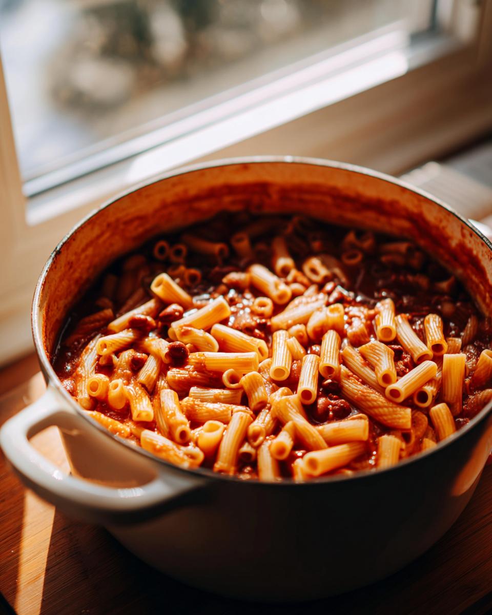 Close-up of a pot of One-Pot Pasta e Fagioli Soup with pasta, beans, and tomato sauce.