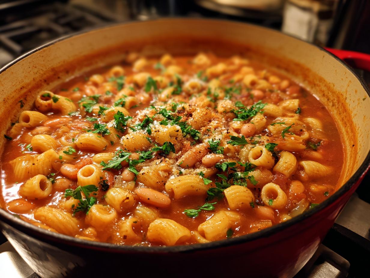 Close-up of a pot of delicious One-Pot Pasta e Fagioli Soup, ready to serve.