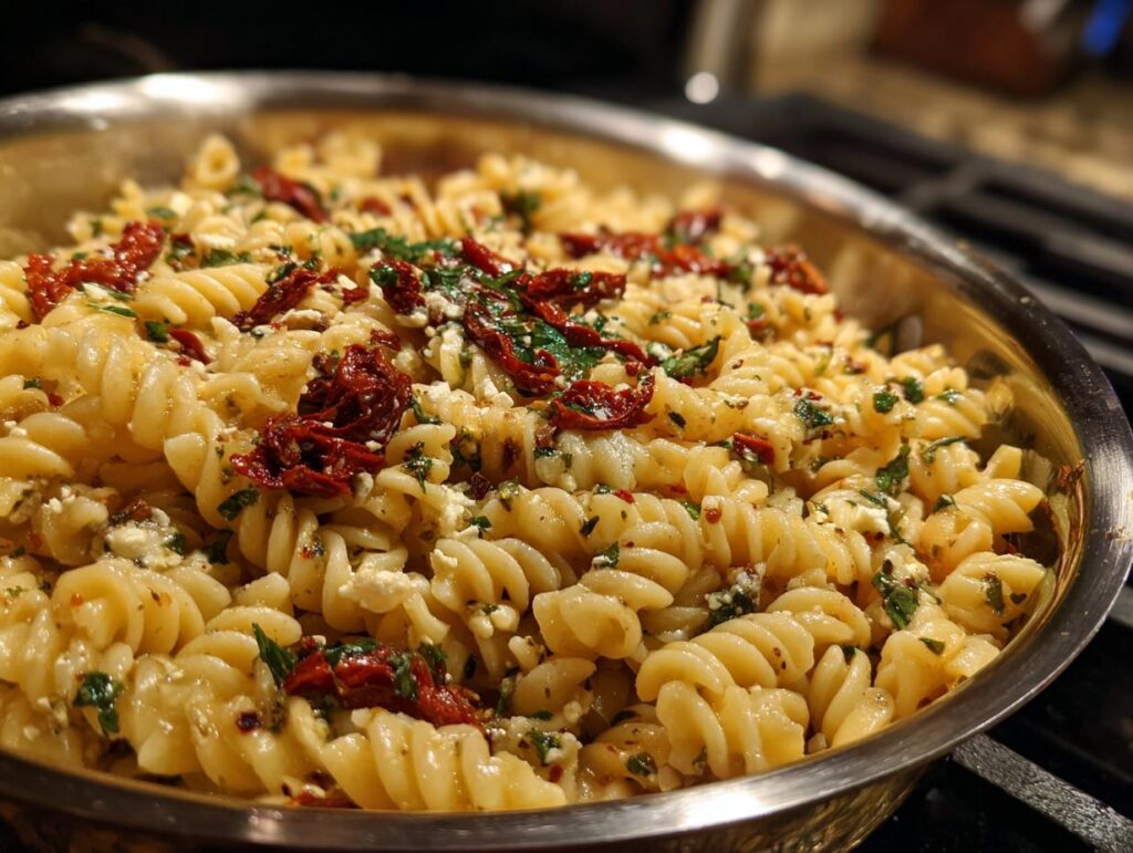 Close-up of delicious One-Pot Sun-Dried Tomato Feta Pasta in a pan, ready to serve.