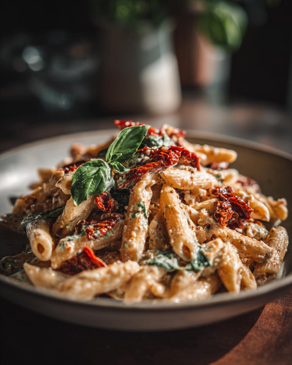 Close-up of One-Pot Sun-Dried Tomato Feta Pasta with basil and sun-dried tomatoes.
