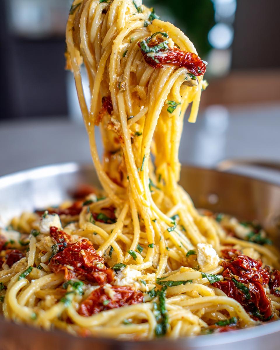 Close-up of One-Pot Sun-Dried Tomato Feta Pasta with spaghetti, feta, and sun-dried tomatoes.