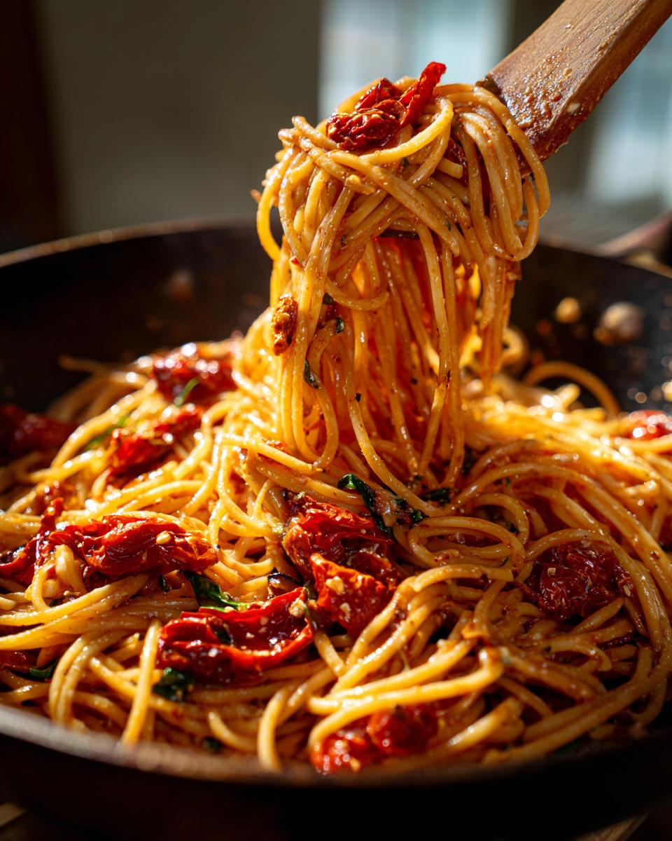 Close-up of One-Pot Sun-Dried Tomato Feta Pasta with sun-dried tomatoes and pasta.
