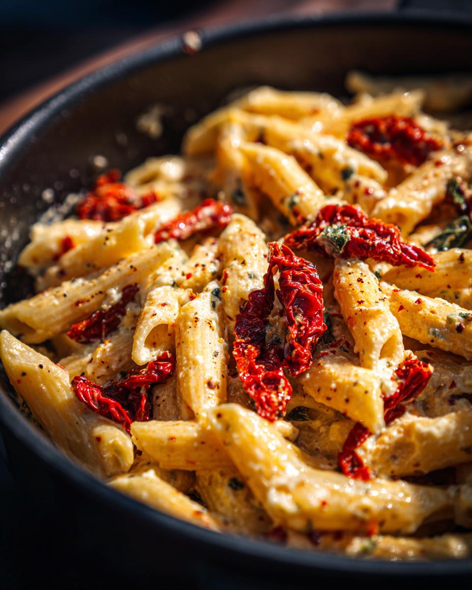 Close-up of creamy One-Pot Sun-Dried Tomato Feta Pasta with sun-dried tomatoes and herbs.