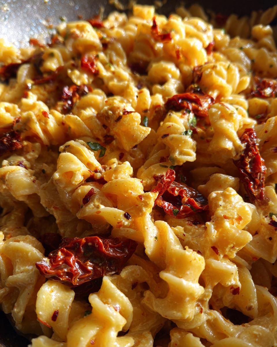 Close-up of creamy One-Pot Sun-Dried Tomato Feta Pasta with sun-dried tomatoes.