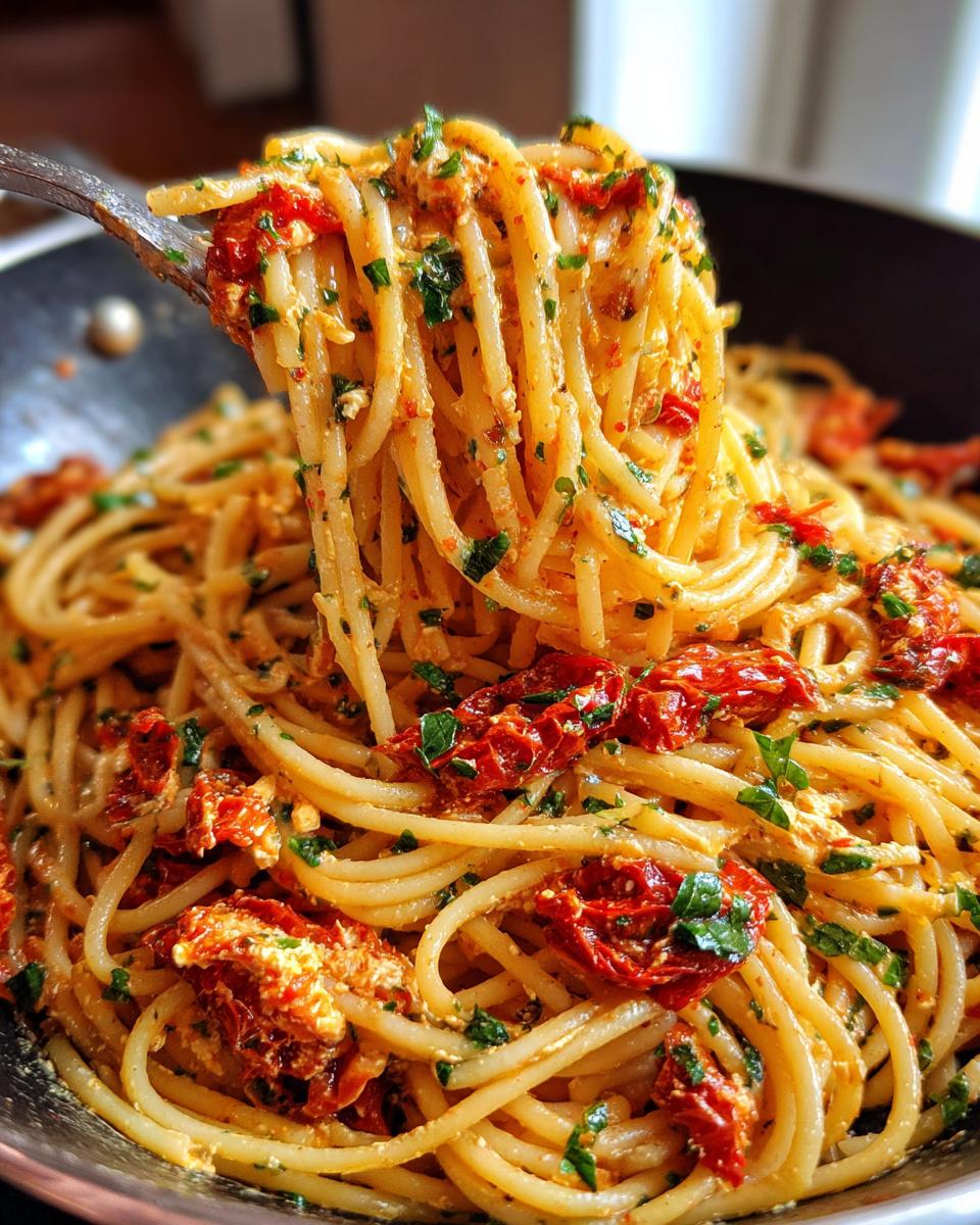 Close-up of One-Pot Sun-Dried Tomato Feta Pasta with sun-dried tomatoes and herbs.