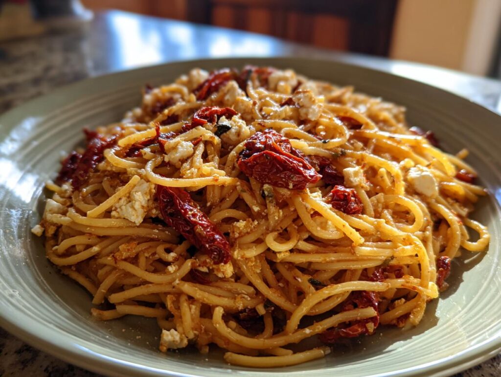 Close-up of a plate of One-Pot Sun-Dried Tomato Feta Pasta, with sun-dried tomatoes and feta cheese.