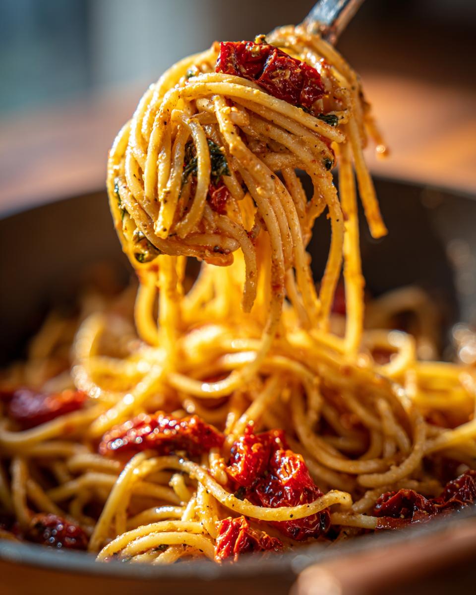 Close-up of One-Pot Sun-Dried Tomato Feta Pasta with pasta being lifted by a fork, showing sun-dried tomatoes.