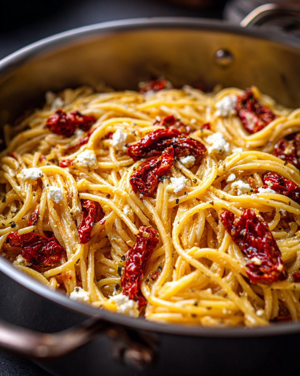 Close-up of One-Pot Sun-Dried Tomato Feta Pasta in a skillet, with sun-dried tomatoes and feta cheese.
