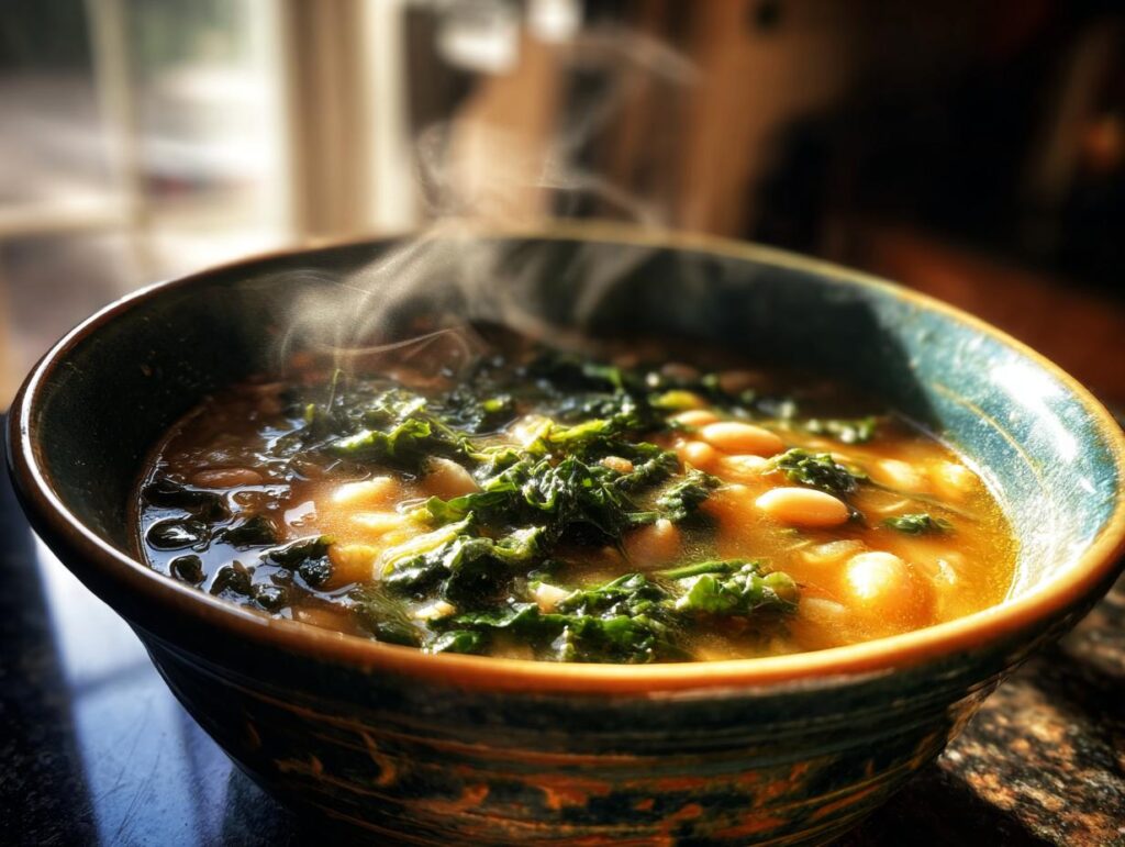 Close-up of a steaming bowl of One-Pot White Bean & Kale Soup with kale and white beans.