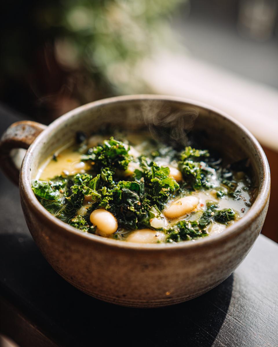 Close-up of a bowl of One-Pot White Bean & Kale Soup, with visible beans and kale.